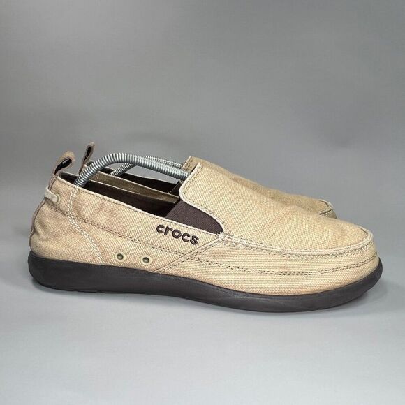 Crocs Walu Loafers Men's Size 13 Tan Burlap Canvas Slip On Casual Comfort Shoes - Picture 1 of 12